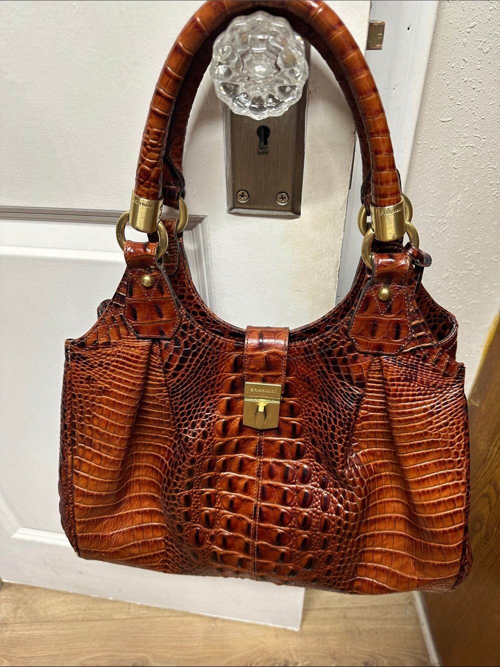 Brahmin Cognac Croc-Embossed Satchel with Gold Hardware